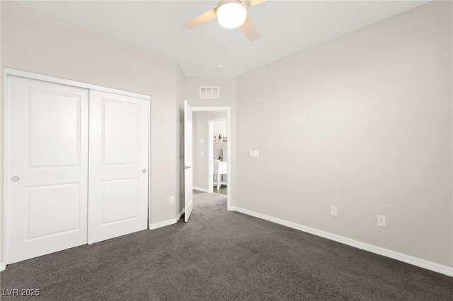 11847 Corenzio Ave, Las Vegas, NV 89138 - unfurnished bedroom featuring dark carpet, baseboards, a closet, and a ceiling fan