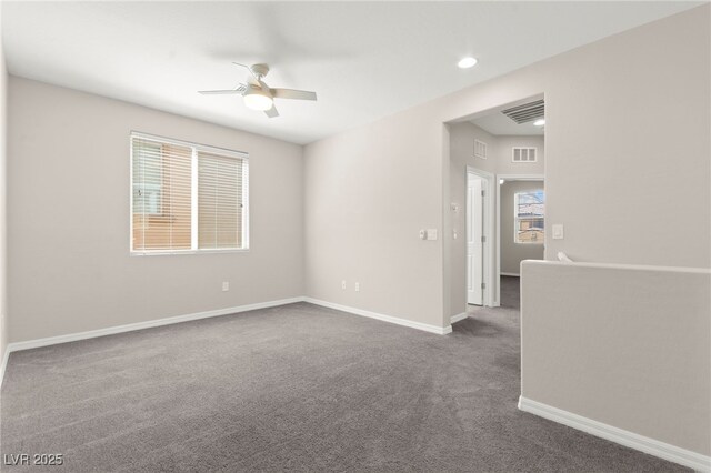 11847 Corenzio Ave, Las Vegas, NV 89138 - empty room featuring ceiling fan, dark carpet, baseboards, and recessed lighting