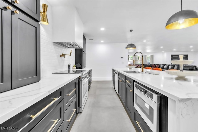 3189 Montecito Dr, Las Vegas, NV 89120 - kitchen featuring appliances with stainless steel finishes, a sink, tasteful backsplash, custom range hood, and concrete floors