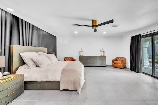 3189 Montecito Dr, Las Vegas, NV 89120 - bedroom with access to exterior, recessed lighting, and ceiling fan