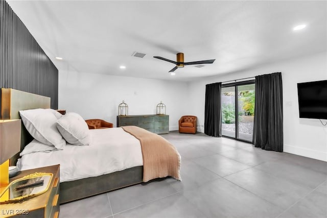 3189 Montecito Dr, Las Vegas, NV 89120 - bedroom featuring access to outside, recessed lighting, baseboards, ceiling fan, and a baseboard radiator