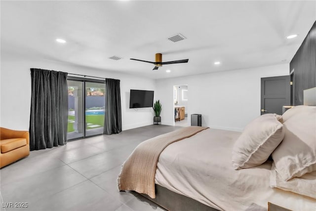 3189 Montecito Dr, Las Vegas, NV 89120 - bedroom with access to outside, recessed lighting, a ceiling fan, and concrete flooring