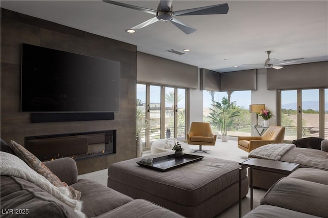 1683 Tangiers Dr, Henderson, NV 89012 - living area featuring ceiling fan, recessed lighting, and a large fireplace