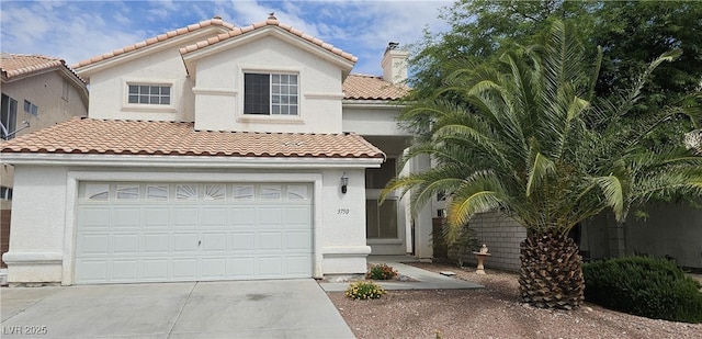 3750 Morning Canyon St, Las Vegas, NV 89147 - view of front of home with concrete driveway, stucco siding, an attached garage, a tile roof, and a chimney