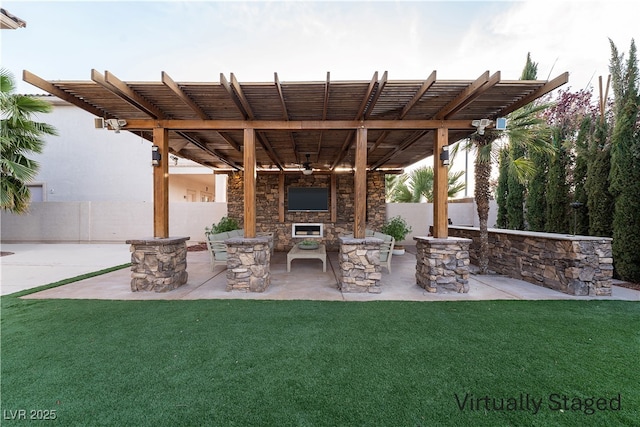 5210 Villa Dante Ave, Las Vegas, NV 89141 - view of patio / terrace with an outdoor stone fireplace, a ceiling fan, and a pergola