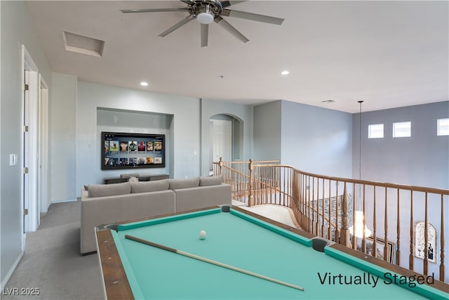 5210 Villa Dante Ave, Las Vegas, NV 89141 - rec room featuring a ceiling fan, arched walkways, recessed lighting, carpet floors, and billiards