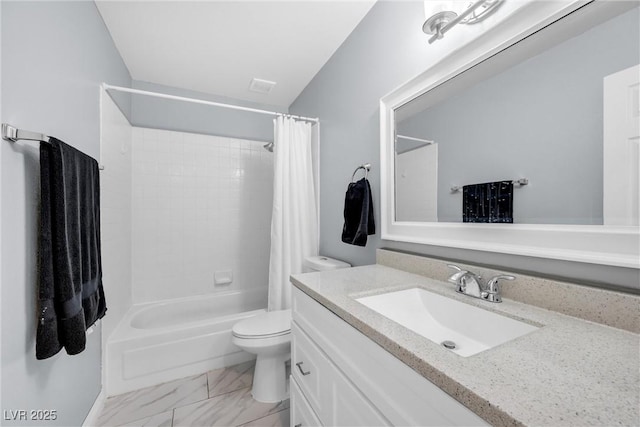 8932 Antioch Way, Las Vegas, NV 89117 - bathroom with toilet, marble look tiles, shower / bath combination with curtain, and vanity