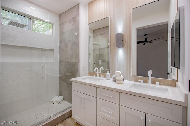 10025 Netherton Dr, Las Vegas, NV 89134 - bathroom with a stall shower, double vanity, and ceiling fan