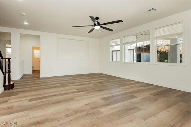 25 Blue Valley Dr, Henderson, NV 89002 - unfurnished room with light wood-style floors, a ceiling fan, stairway, baseboards, and recessed lighting