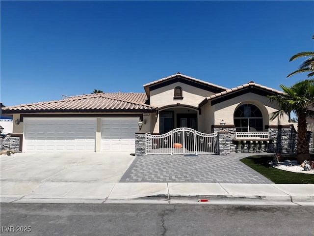 3064 Azure Bay St, Las Vegas, NV 89117 - view of front of property with stucco siding, driveway, a garage, and a tile roof