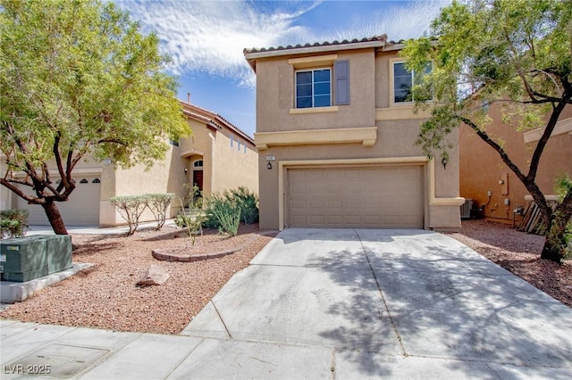 6387 Azurelyn Ave, Las Vegas, NV 89122 - view of front of property with stucco siding, driveway, an attached garage, and a tiled roof
