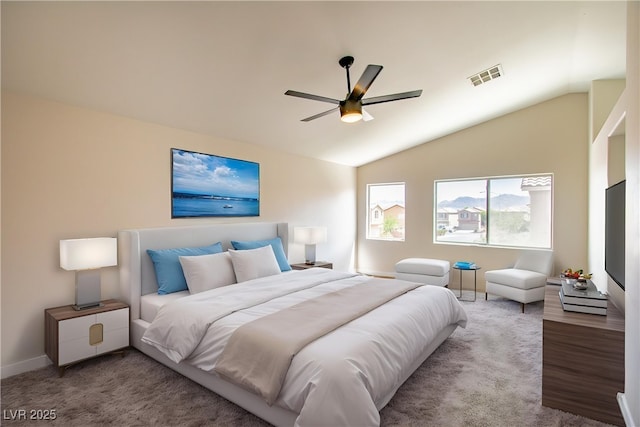 6387 Azurelyn Ave, Las Vegas, NV 89122 - bedroom with baseboards, carpet floors, lofted ceiling, and ceiling fan