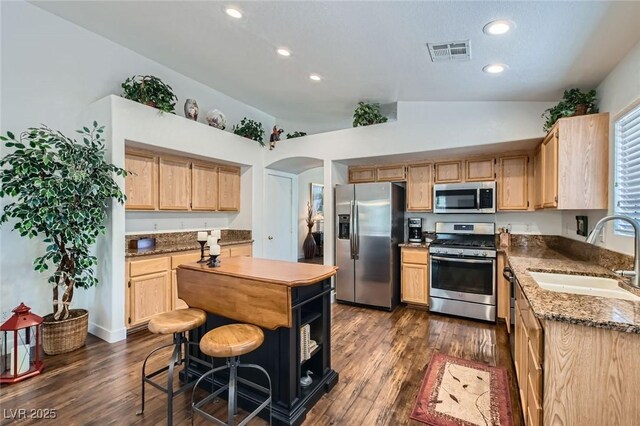 3629 Ferrell St, North Las Vegas, NV 89032 - kitchen with stainless steel appliances, a sink, light brown cabinets, vaulted ceiling, and recessed lighting