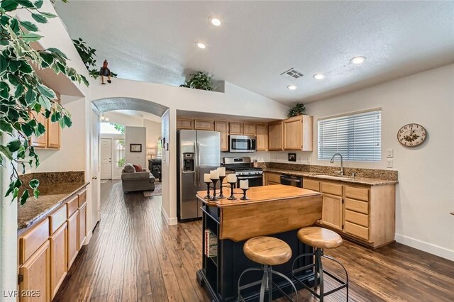 3629 Ferrell St, North Las Vegas, NV 89032 - kitchen featuring appliances with stainless steel finishes, light brown cabinets, a sink, dark wood-style flooring, and arched walkways