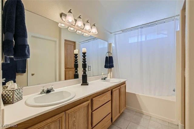 3629 Ferrell St, North Las Vegas, NV 89032 - bathroom with tile patterned flooring, double vanity, and shower / bath combo with shower curtain