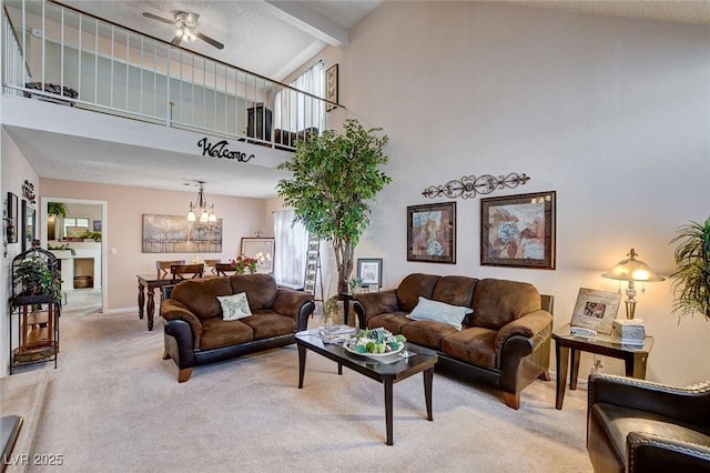 7109 Deepriver Cir, Las Vegas, NV 89129 - living area with light carpet, a chandelier, a ceiling fan, plenty of natural light, and high vaulted ceiling