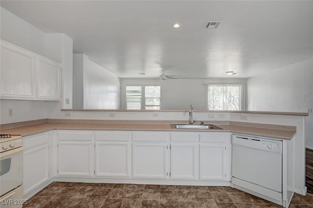 5622 Sage Pines Dr, Las Vegas, NV 89118 - kitchen featuring white appliances, a sink, ceiling fan, white cabinetry, and light countertops