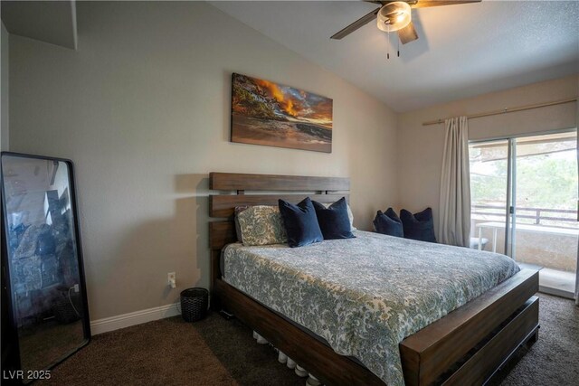 520 Arrowhead Trl Unit 1322, Henderson, NV 89015 - bedroom featuring vaulted ceiling, carpet flooring, access to exterior, baseboards, and a ceiling fan