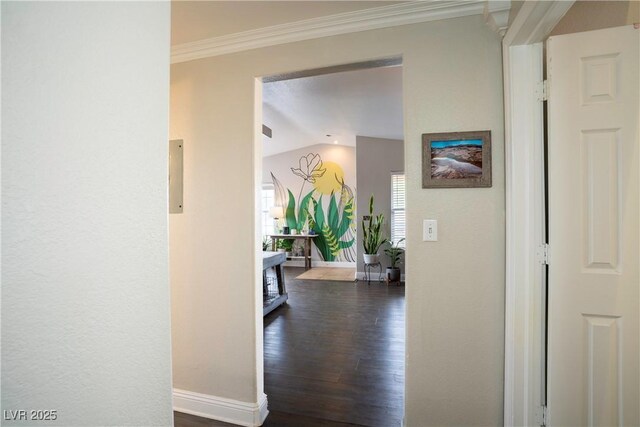 520 Arrowhead Trl Unit 1322, Henderson, NV 89015 - hallway with baseboards, vaulted ceiling, dark wood-type flooring, and crown molding