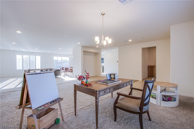 8665 Jerlyn St, Las Vegas, NV 89113 - office area with light carpet, recessed lighting, and a chandelier