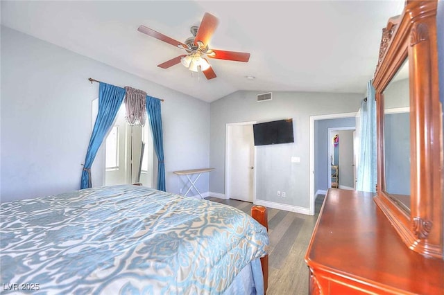 6233 Overhang Ave, Henderson, NV 89011 - bedroom featuring vaulted ceiling, wood finished floors, baseboards, and ceiling fan