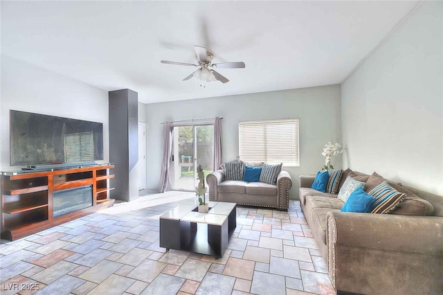6233 Overhang Ave, Henderson, NV 89011 - living area with ceiling fan and light stone finish flooring