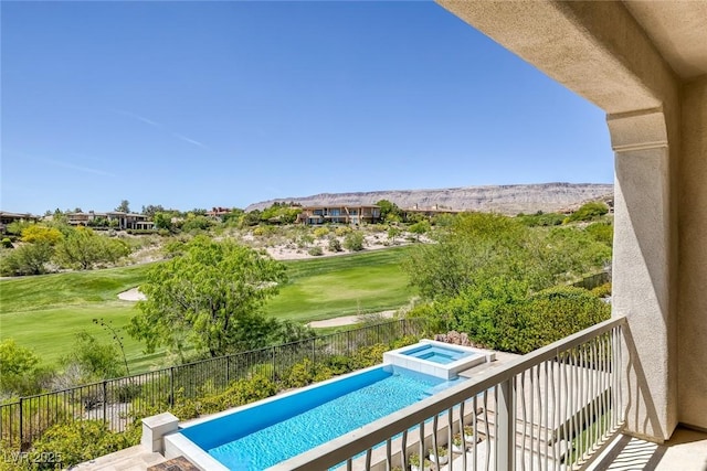 11503 Glowing Sunset Ln, Las Vegas, NV 89135 - balcony with view of pool area, view of golf course, and a pool with connected hot tub