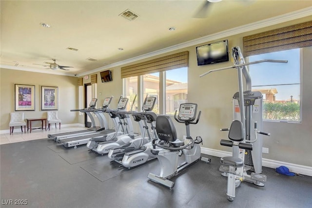 2900 Sunridge Heights Pkwy Unit 518, Henderson, NV 89052 - gym with plenty of natural light, a ceiling fan, crown molding, and baseboards