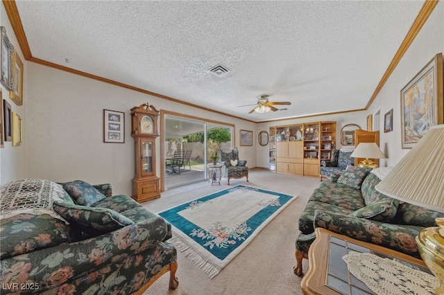22 Jade Cir, Las Vegas, NV 89106 - carpeted living room featuring a ceiling fan, crown molding, and a textured ceiling