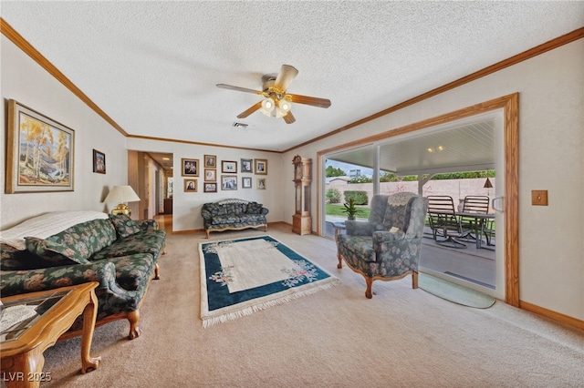22 Jade Cir, Las Vegas, NV 89106 - carpeted living area with ornamental molding, a ceiling fan, and a textured ceiling