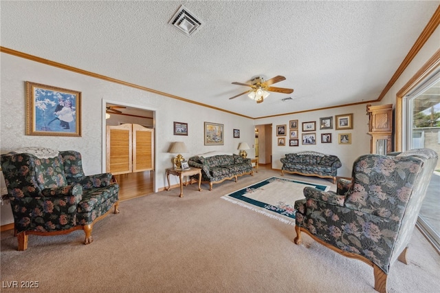 22 Jade Cir, Las Vegas, NV 89106 - living area with ornamental molding, carpet flooring, a textured ceiling, ceiling fan, and baseboards