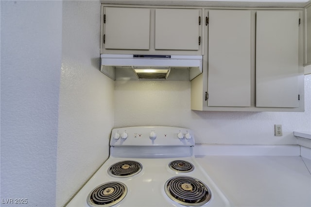 2040 Mesquite Ln Unit 203, Laughlin, NV 89029 - kitchen featuring under cabinet range hood, stove, light countertops, white cabinetry, and a textured wall