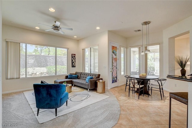 4845 Santo Romeo St, Las Vegas, NV 89135 - living room featuring ceiling fan, recessed lighting, baseboards, and light tile patterned floors