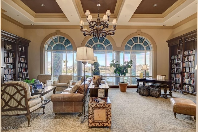 4845 Santo Romeo St, Las Vegas, NV 89135 - living area with a chandelier, carpet flooring, ornamental molding, and a high ceiling