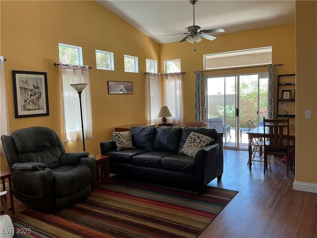 9753 Arrowcrest Ave, Las Vegas, NV 89147 - living area with ceiling fan, wood finished floors, vaulted ceiling, and baseboards