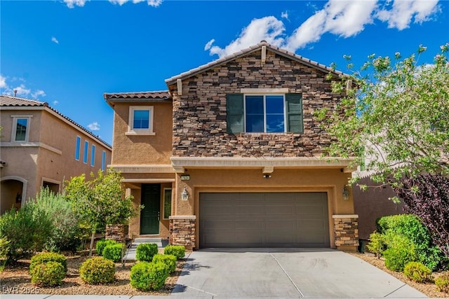7624 Mallard Bay Ave, Las Vegas, NV 89179 - view of front of house with stone siding, stucco siding, concrete driveway, and an attached garage