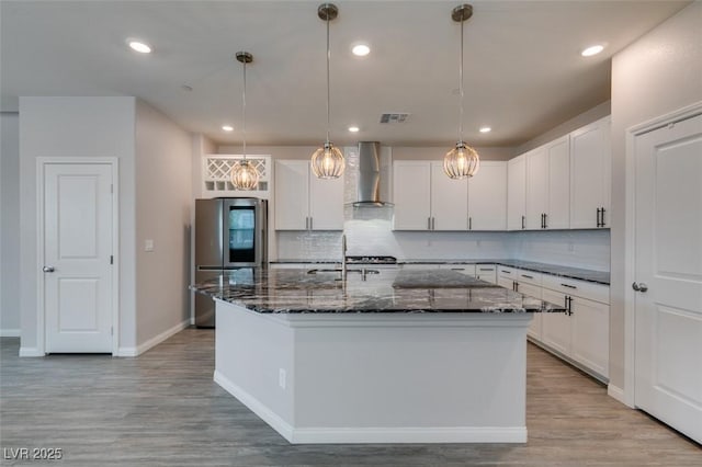 3270 Palindrome Ave, Henderson, NV 89044 - kitchen with smart refrigerator, a sink, wall chimney exhaust hood, backsplash, and recessed lighting