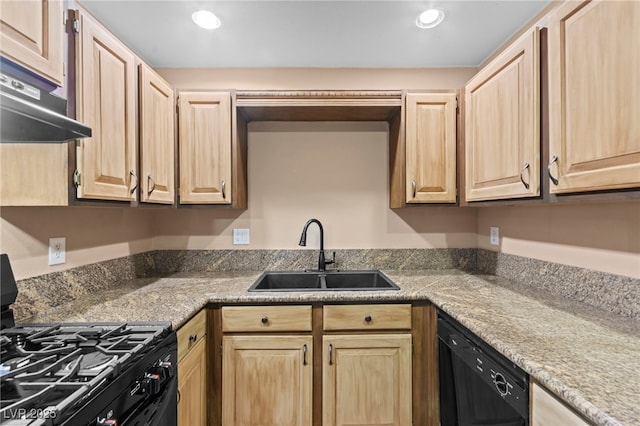 5615 Calais Ct, Las Vegas, NV 89118 - kitchen featuring a sink, black appliances, light brown cabinets, recessed lighting, and under cabinet range hood