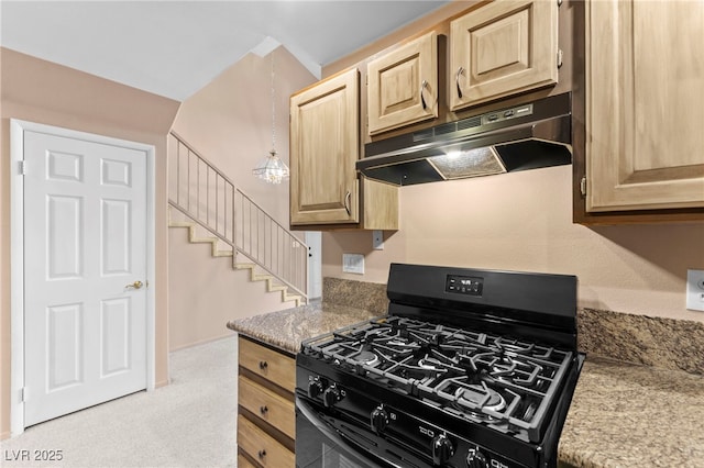 5615 Calais Ct, Las Vegas, NV 89118 - kitchen featuring black gas range, under cabinet range hood, light brown cabinets, and carpet