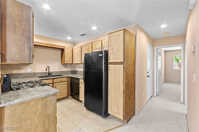 5615 Calais Ct, Las Vegas, NV 89118 - kitchen with black appliances, a sink, light brown cabinets, light countertops, and recessed lighting