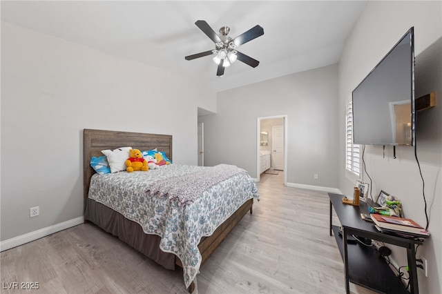 8316 Joseph Cary Ct, Las Vegas, NV 89145 - bedroom featuring light wood-type flooring, baseboards, a ceiling fan, and ensuite bath