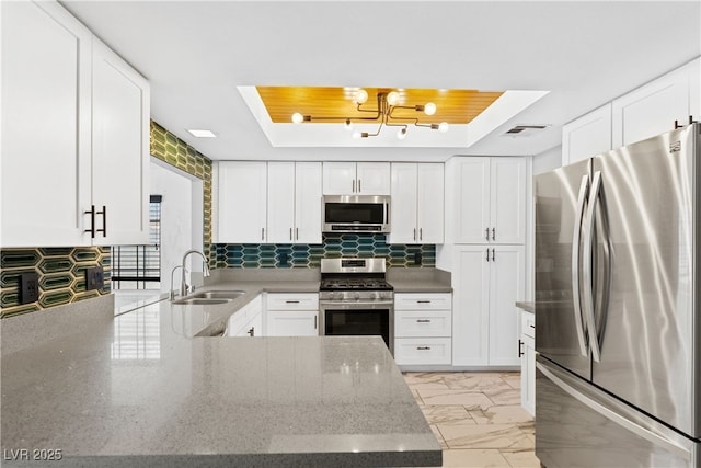 1655 E Hacienda Ave, Las Vegas, NV 89119 - kitchen featuring appliances with stainless steel finishes, a sink, a raised ceiling, light stone counters, and white cabinets