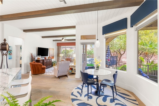 10404 Long Leaf Pl, Las Vegas, NV 89134 - dining space with light wood-style flooring, ceiling fan, wooden ceiling with exposed beams, and baseboards