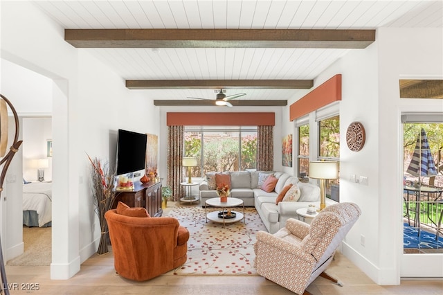 10404 Long Leaf Pl, Las Vegas, NV 89134 - living room with baseboards, wood ceiling with exposed beams, ceiling fan, and light wood-type flooring