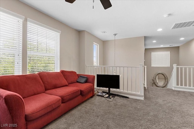 6857 Stone Tower Ct, Las Vegas, NV 89149 - living room with a ceiling fan, carpet floors, and recessed lighting
