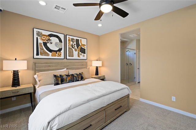 4180 E Brusca Way, Pahrump, NV 89061 - bedroom featuring carpet floors, baseboards, recessed lighting, ensuite bath, and ceiling fan