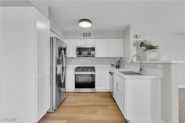 5710 E Tropicana Ave Unit 2152, Las Vegas, NV 89122 - kitchen with appliances with stainless steel finishes, a sink, light countertops, white cabinets, and light wood-style flooring