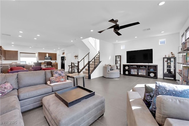 8178 Eaton Hill St, Las Vegas, NV 89113 - living area with recessed lighting, stairs, and ceiling fan
