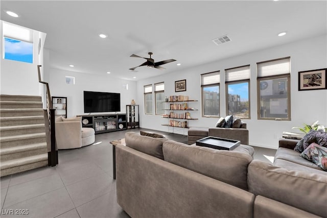 8178 Eaton Hill St, Las Vegas, NV 89113 - tiled living area featuring stairs, recessed lighting, and a ceiling fan