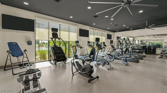 4200 E Brusca Way, Pahrump, NV 89061 - workout area featuring a ceiling fan, healthy amount of natural light, and recessed lighting